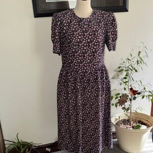 1989’s Karin Stevens Black Midi Dress with Pink Floral Print size 14
